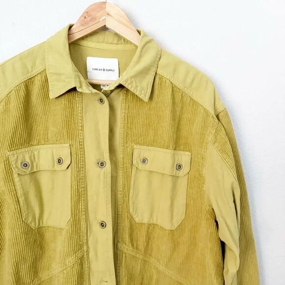 THREAD & SUPPLY | Green Yellow Corduroy Shacket Shirt Jacket Button Raw | Medium - Picture 3 of 9